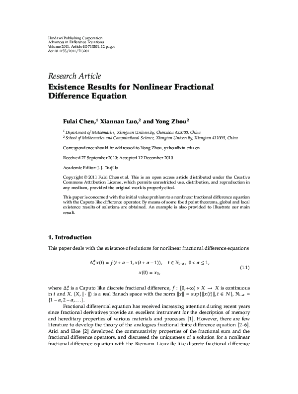 (PDF) Existence Results for Nonlinear Fractional Difference Equation