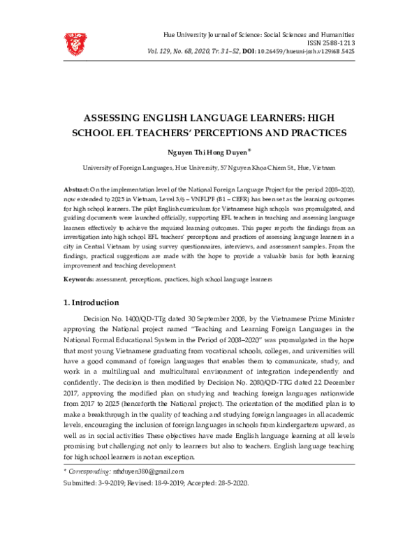 (PDF) Assessing English Language Learners: High School Efl Teachers ...