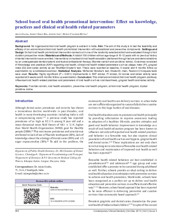 (PDF) School based oral health promotional intervention: Effect on ...