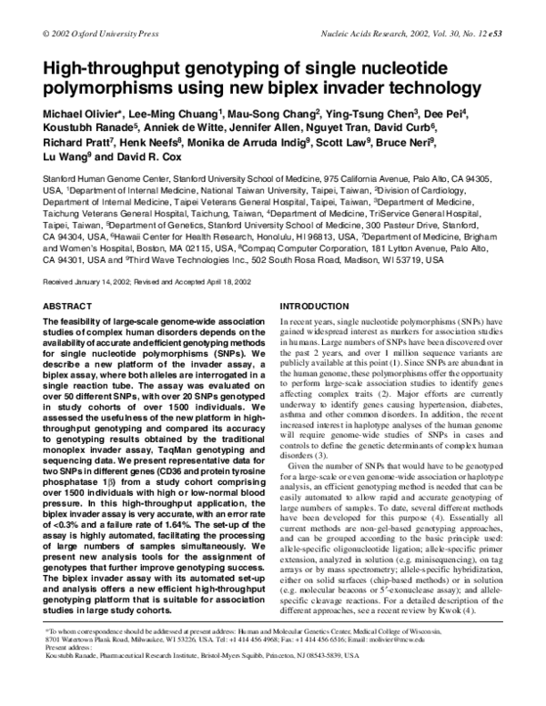 (PDF) Biplex Invader Technology for SNP Genotyping