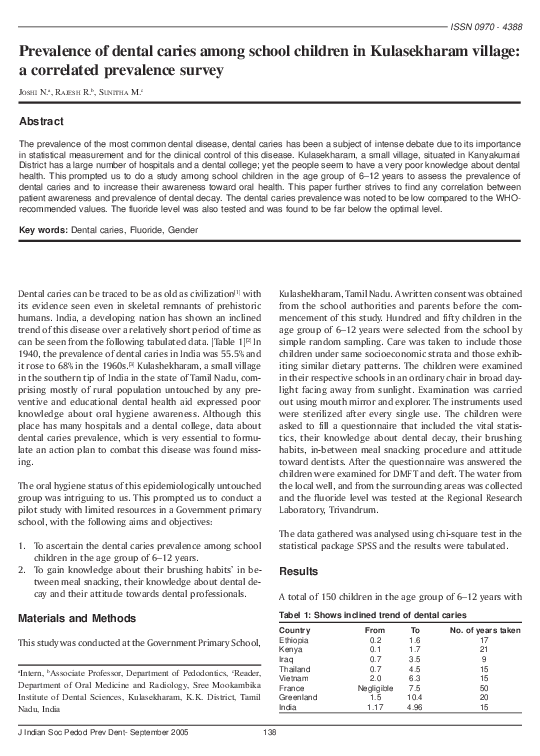 (PDF) Prevalence of dental caries among school children in Kulasekharam ...