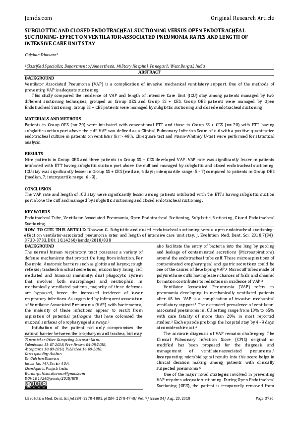 (PDF) Subglottic and Closed Endotracheal Suctioning Versus Open ...