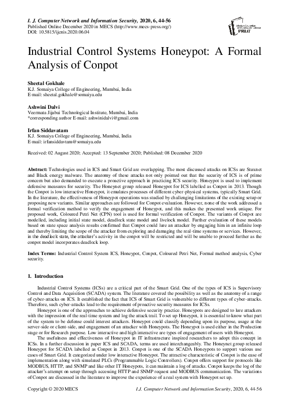 (PDF) Industrial Control Systems Honeypot A Formal Analysis of Conpot