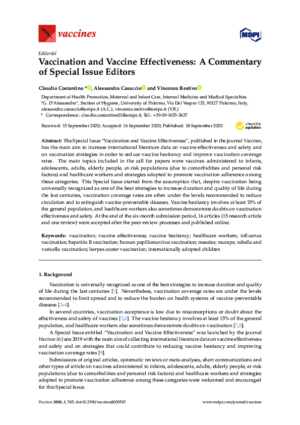 (PDF) Vaccination and Vaccine Effectiveness: A Commentary of Special ...
