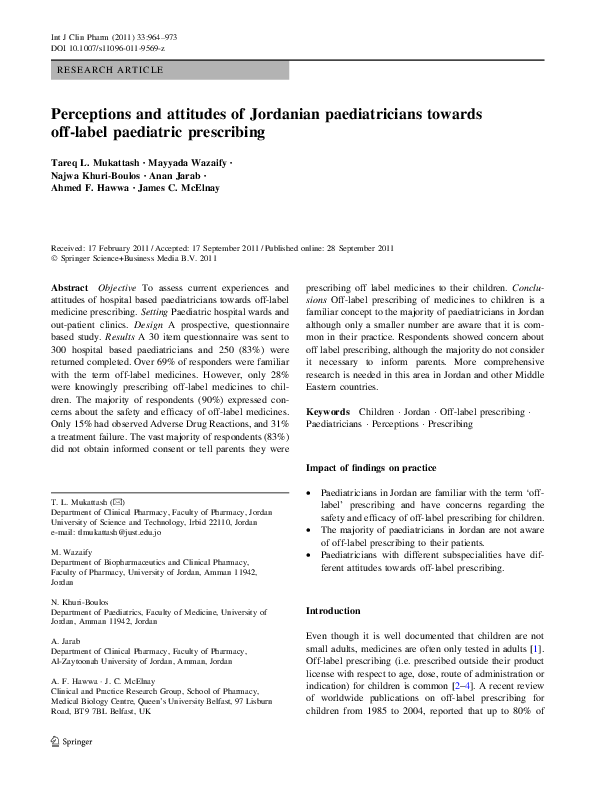 (PDF) Perceptions and attitudes of Jordanian paediatricians towards off ...