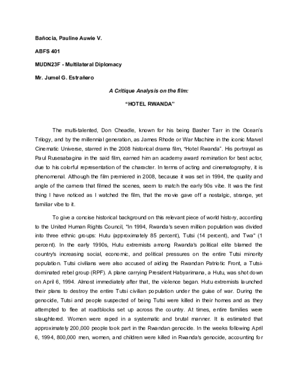 (DOC) A Critique Analysis on the film: “HOTEL RWANDA”
