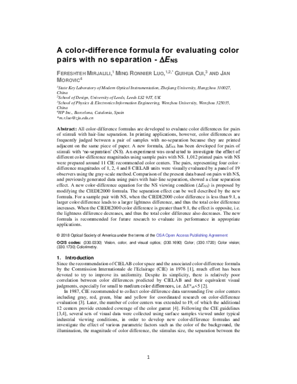(PDF) Colordifference formula for evaluating color pairs with no separation ΔENS Fereshteh