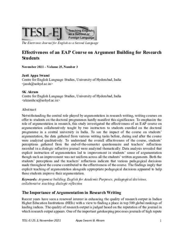 (PDF) Effectiveness of an EAP Course on Argument Building for Research ...