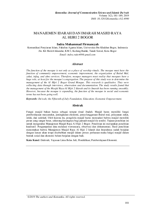 (PDF) Manajemen Idarah dan Imarah Masjid Raya Al Hijri 2 Bogor