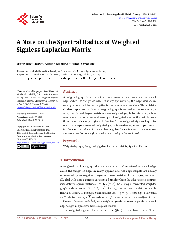 (PDF) A Note on the Spectral Radius of Weighted Signless Laplacian Matrix