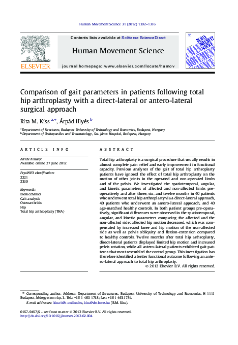 (PDF) Comparison of gait parameters in patients following total hip ...