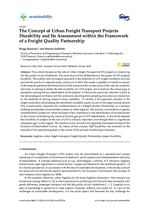 (PDF) The Concept of Urban Freight Transport Projects Durability and ...