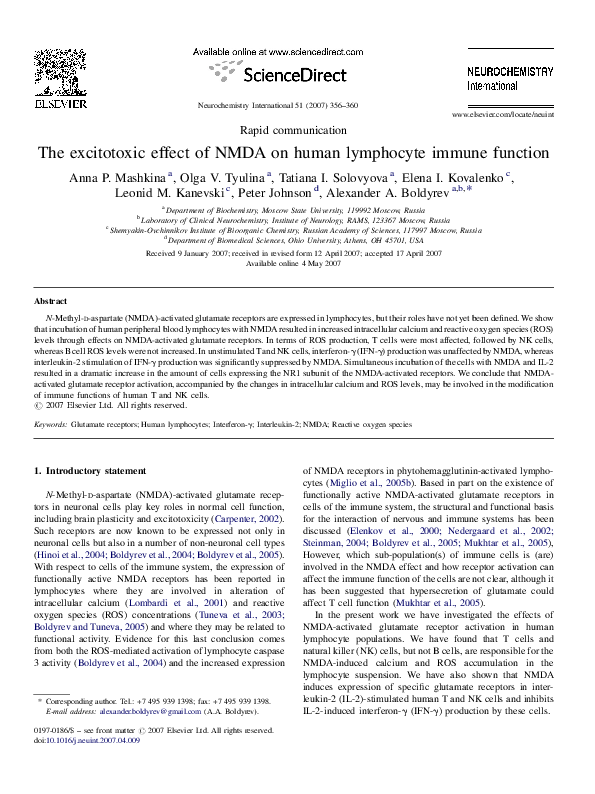 (PDF) The excitotoxic effect of NMDA on human lymphocyte immune function