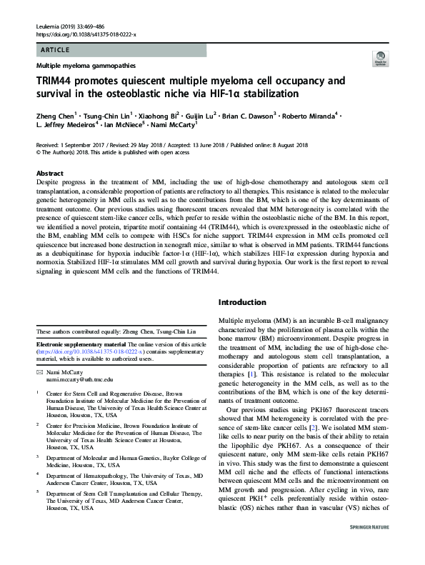 (PDF) TRIM44 promotes quiescent multiple myeloma cell occupancy and ...