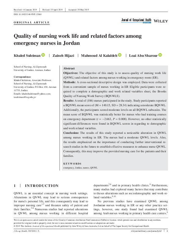 (PDF) Quality of nursing work life and related factors among emergency ...