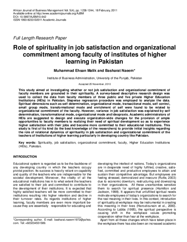 (PDF) Role of spirituality in job satisfaction and organizational ...