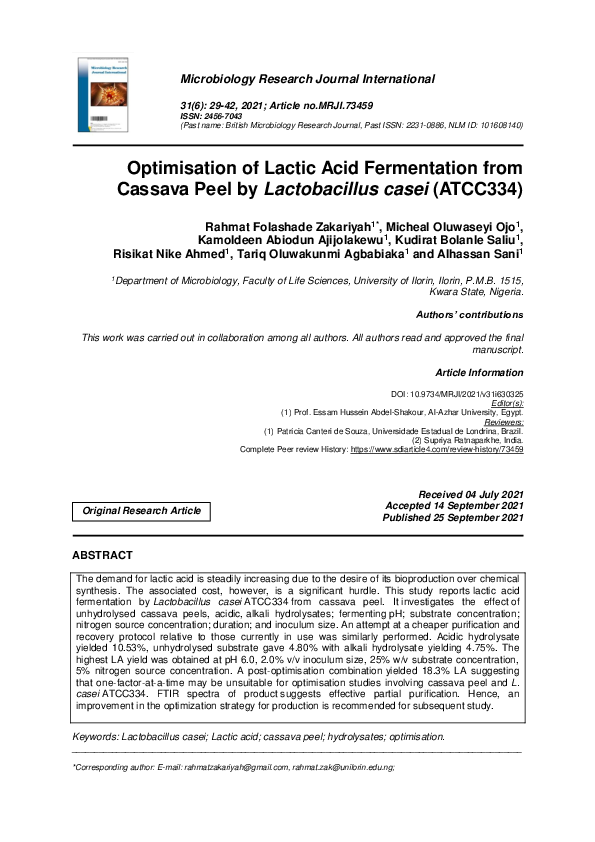(PDF) Optimisation of Lactic Acid Fermentation from Cassava Peel by ...