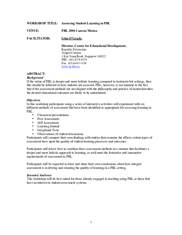 (PDF) Assessment and Problem Based Learning
