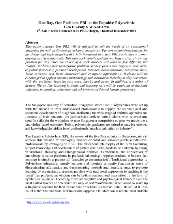 (PDF) One day, one problem: PBL at the Republic Polytechnic