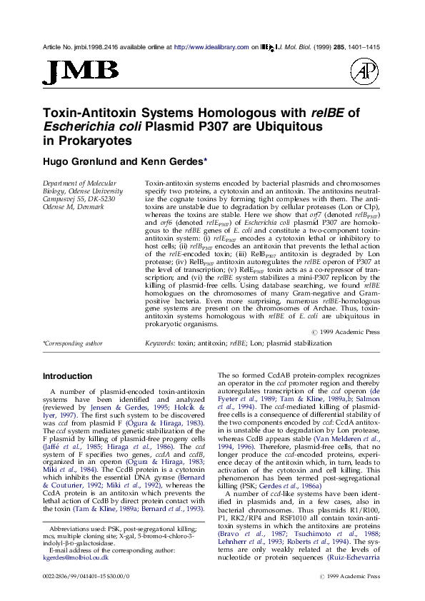 (PDF) Toxin-antitoxin systems homologous with relBE of Escherichia coli ...