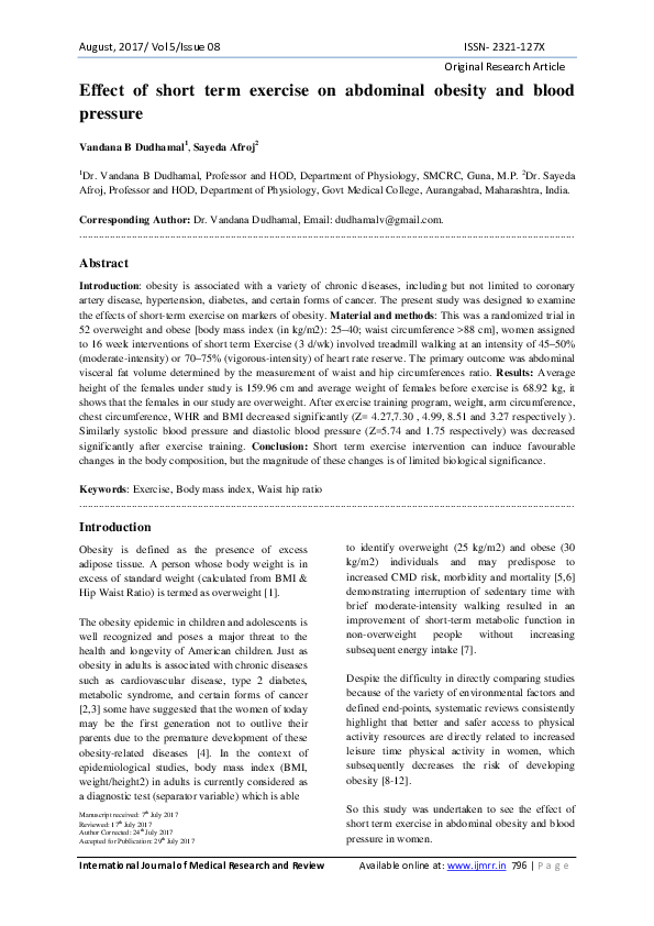 (PDF) Effect of short term exercise on abdominal obesity and blood pressure