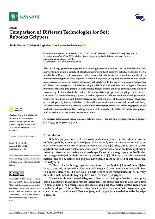 (PDF) Comparison of Different Technologies for Soft Robotics Grippers