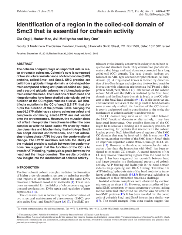 (PDF) Identification of a region in the coiled-coil domain of Smc3 that ...