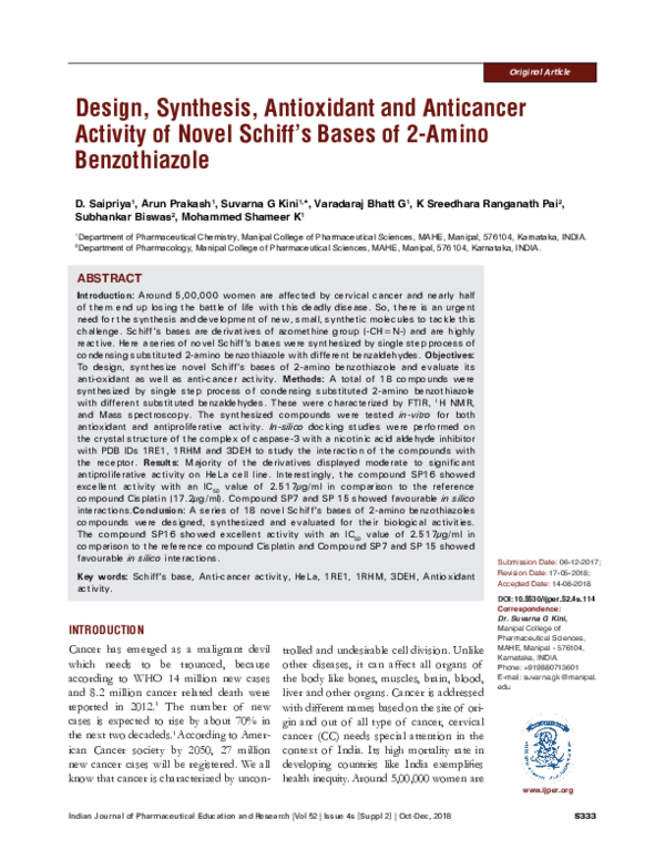 (PDF) Design, Synthesis, Antioxidant and Anticancer Activity of Novel ...