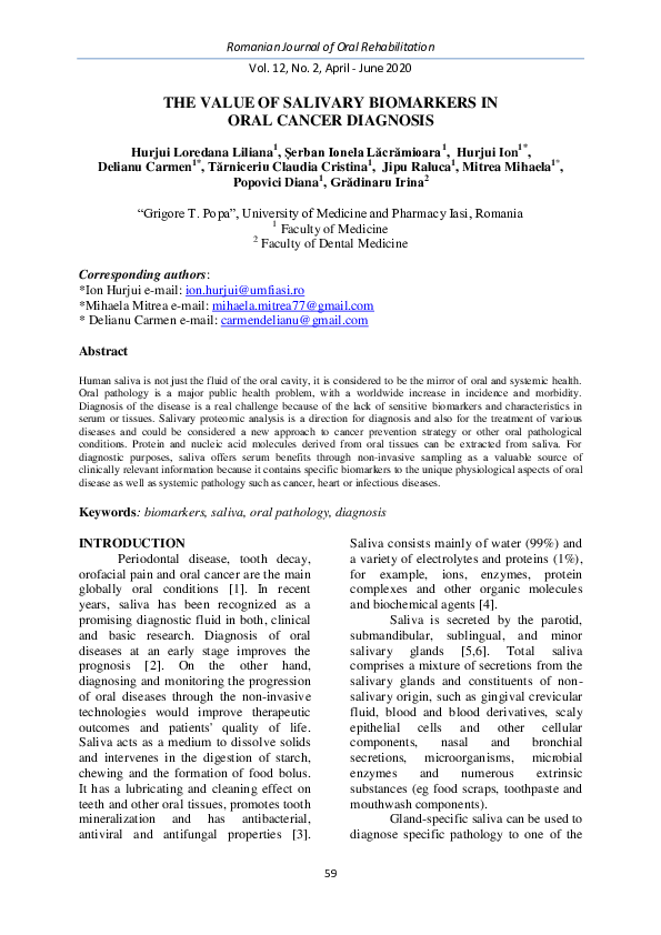 (PDF) THE VALUE OF SALIVARY BIOMARKERS IN ORAL CANCER DIAGNOSIS
