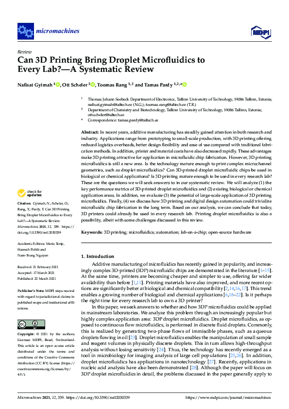 (PDF) Can 3D Printing Bring Droplet Microfluidics to Every Lab?—A ...