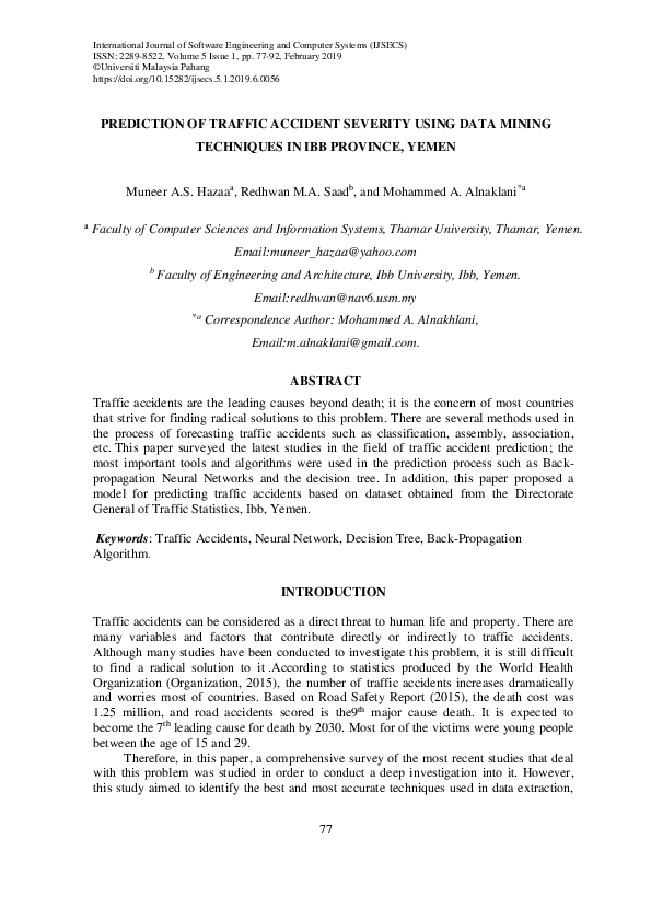 (PDF) Prediction of Traffic Accident Severity Using Data Mining ...
