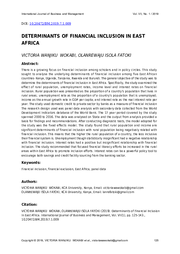 (PDF) Determinants of Financial Inclusion in East Africa