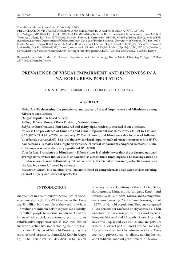 (PDF) Prevalence of visual impairment and blindness in a Nairobi urban ...