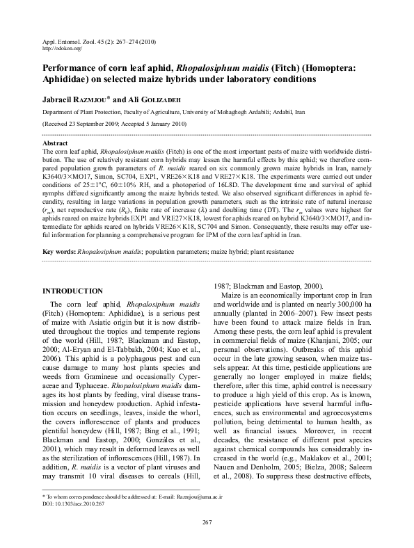 (PDF) Performance of corn leaf aphid, Rhopalosiphum maidis (Fitch ...