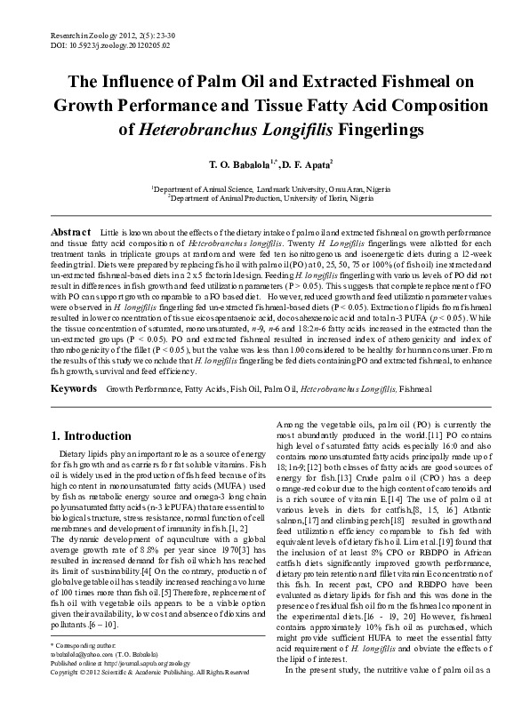 (PDF) The Influence of Palm Oil and Extracted Fishmeal on Growth