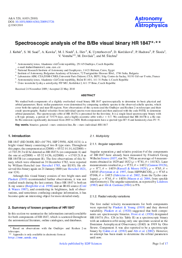 (PDF) Spectroscopic analysis of the B/Be visual binary HR 1847