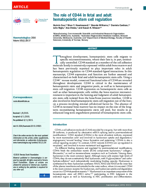 (PDF) The role of CD44 in fetal and adult hematopoietic stem cell ...