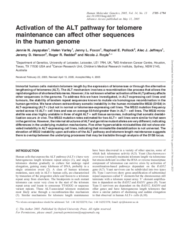 (PDF) Activation of the ALT pathway for telomere maintenance can affect ...