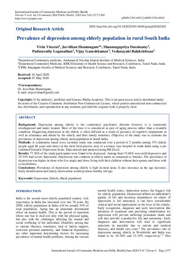 (PDF) Prevalence of depression among elderly population in rural South ...