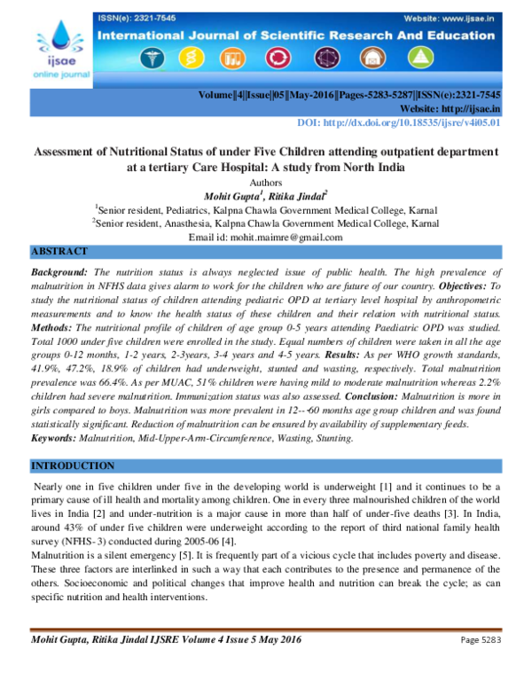 (PDF) Assessment of Nutritional Status of under Five Children attending ...