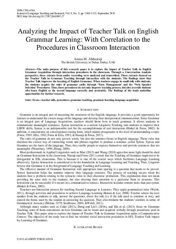 (PDF) Analyzing the Impact of Teacher Talk on English Grammar Learning ...