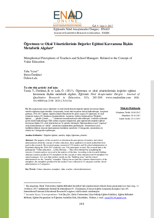 (PDF) Metaphorical Perceptions of Teachers and School Managers Related ...