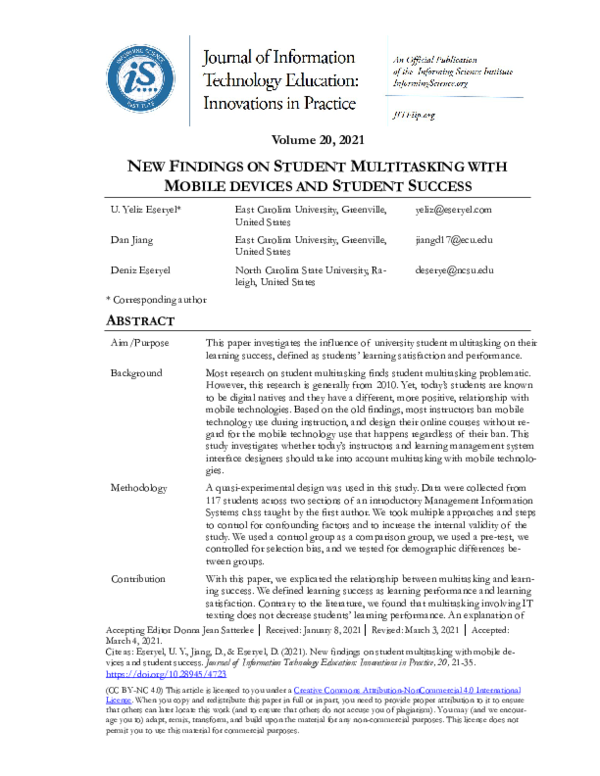 (PDF) New Findings on Student Multitasking with Mobile Devices and ...
