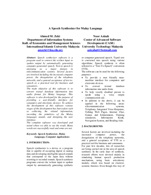 (PDF) A Speech Synthesizer for Malay Language