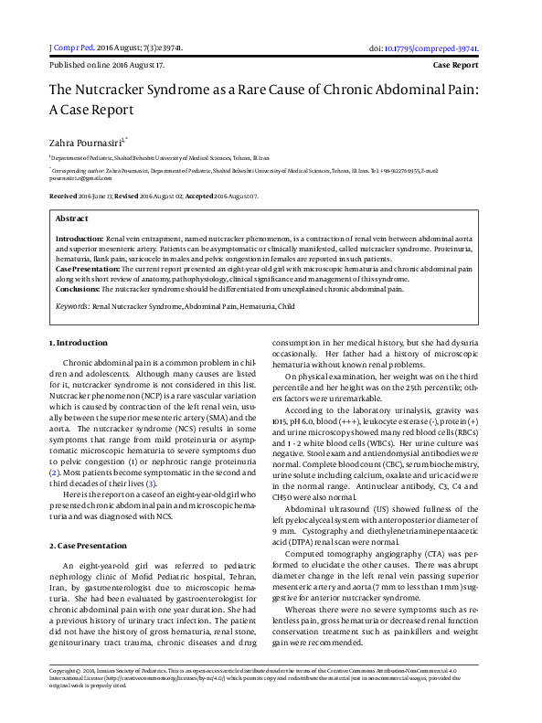 (PDF) The Nutcracker Syndrome as a Rare Cause of Chronic Abdominal Pain A Case Report Zahra
