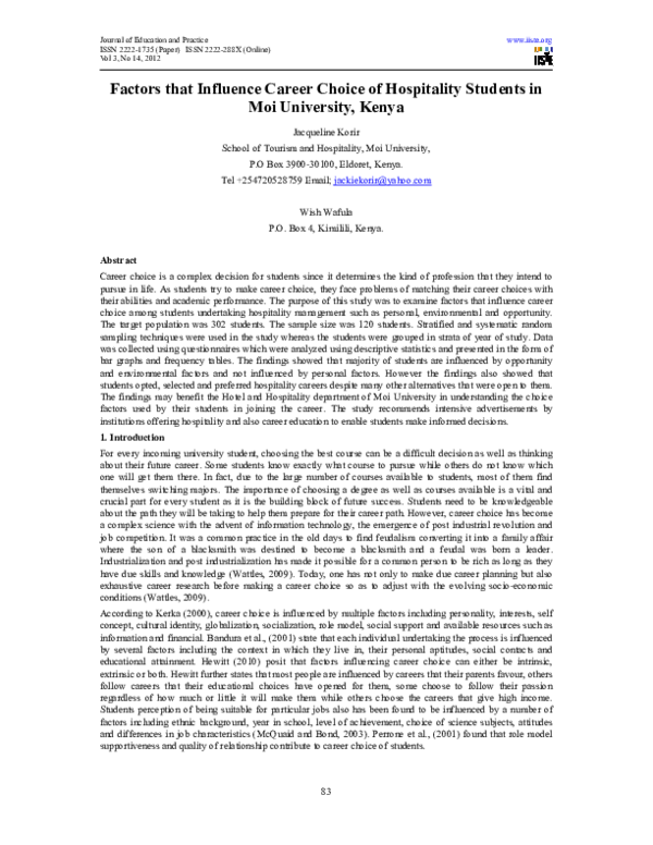 (PDF) Factors that Influence Career Choice of Hospitality Students in ...