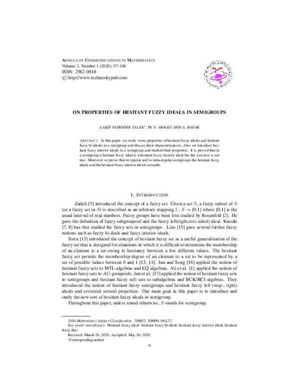 (PDF) ON PROPERTIES OF HESITANT FUZZY IDEALS IN SEMIGROUPS