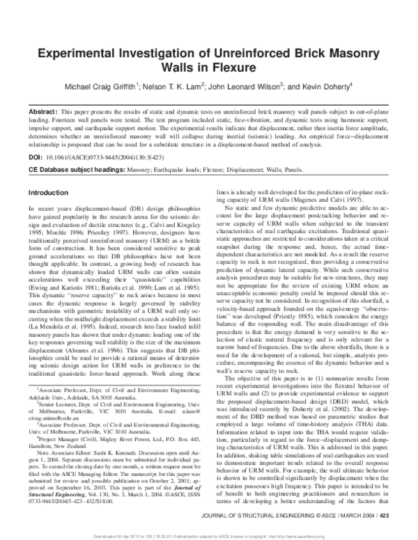 (PDF) Experimental Investigation of Unreinforced Brick Masonry Walls in ...