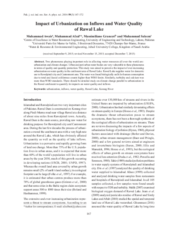 (PDF) Impact of Urbanization on Inflows and Water Quality of Rawal Lake