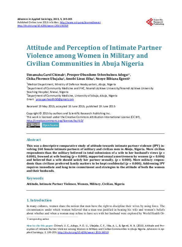 (PDF) Attitude and Perception of Intimate Partner Violence among Women ...